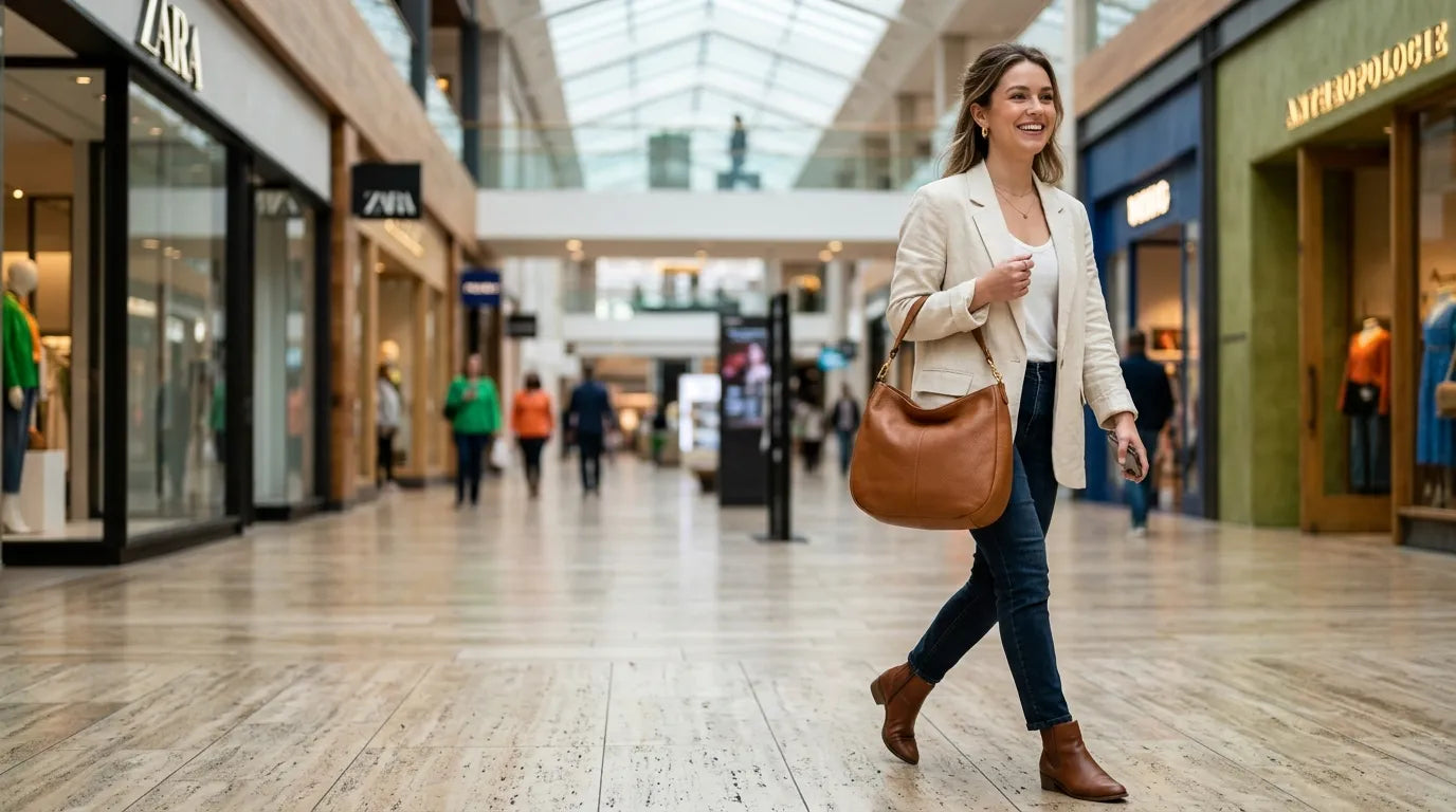 young woman holding a hobo bag in the shopping mall
