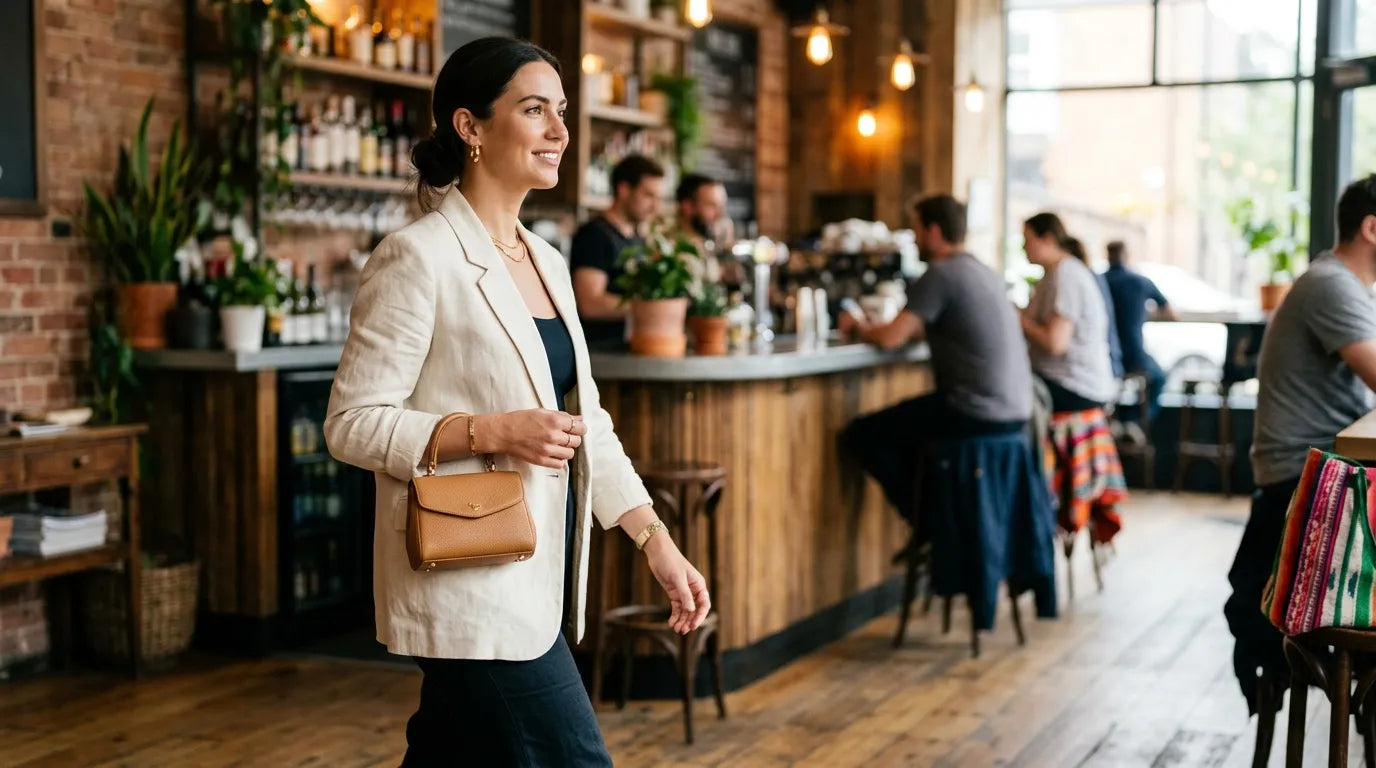 woman holding a petite bag in the caffe bar