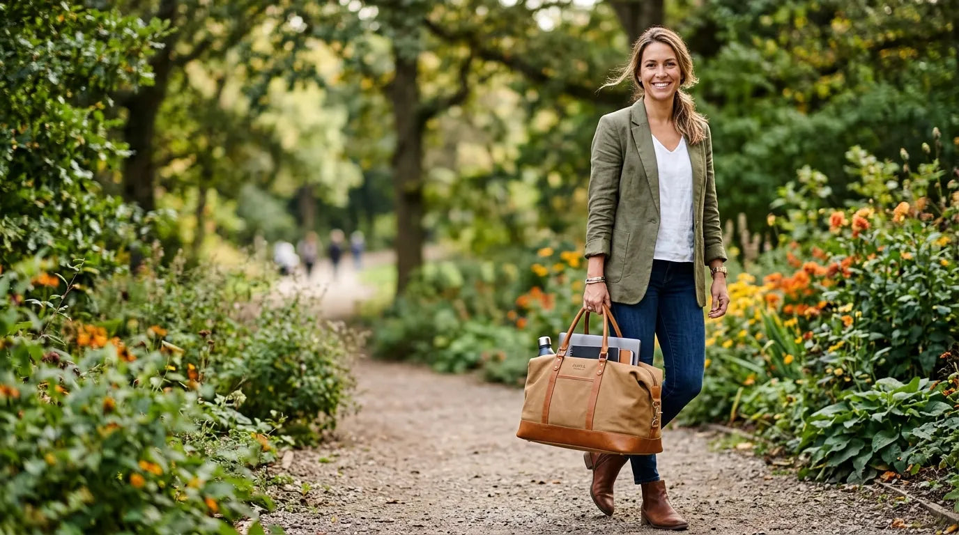 woman holding a carryall bag in the park