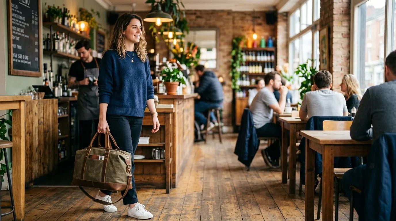 woman holding a carryall bag in the caffe bar