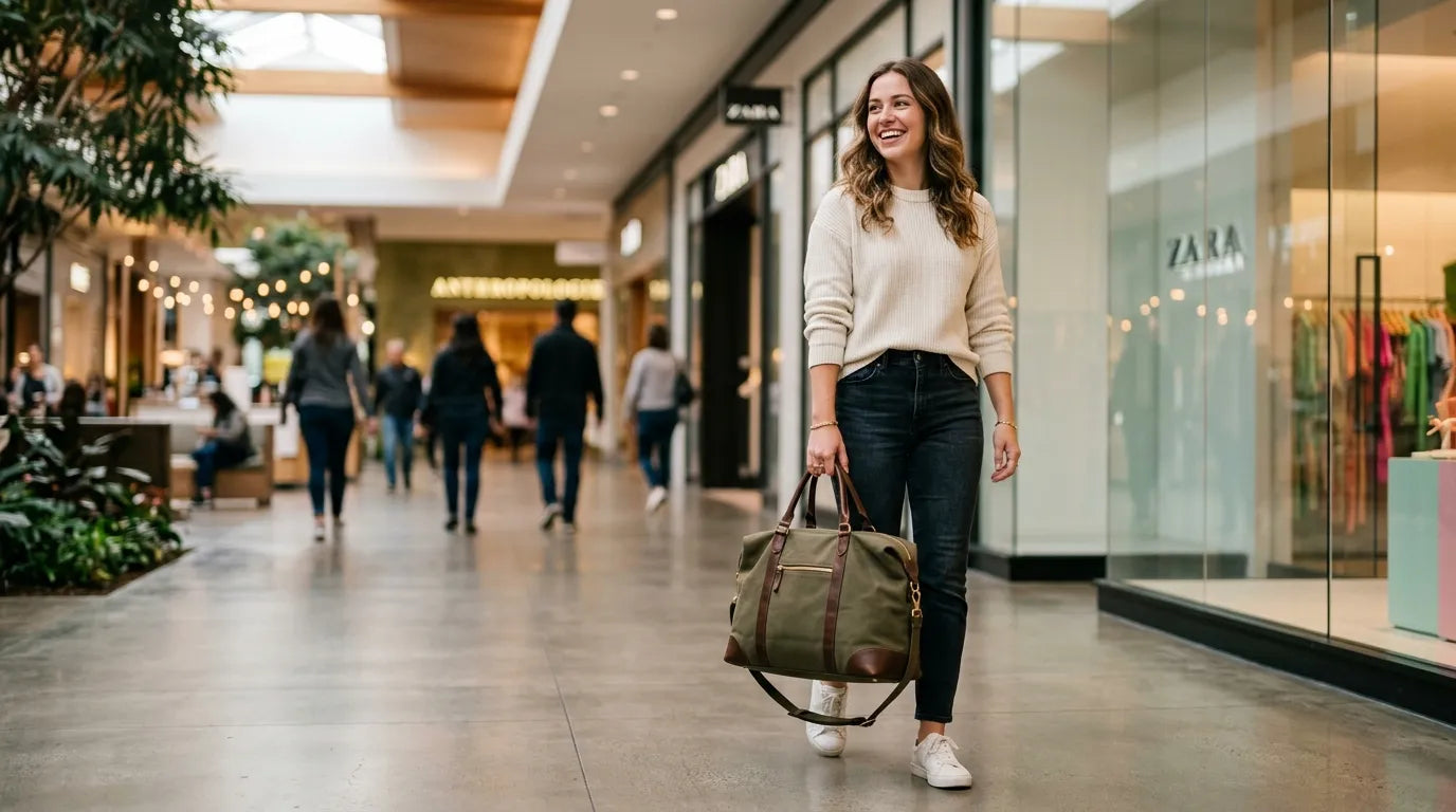 girl holding a carryall bag in the shopping mall