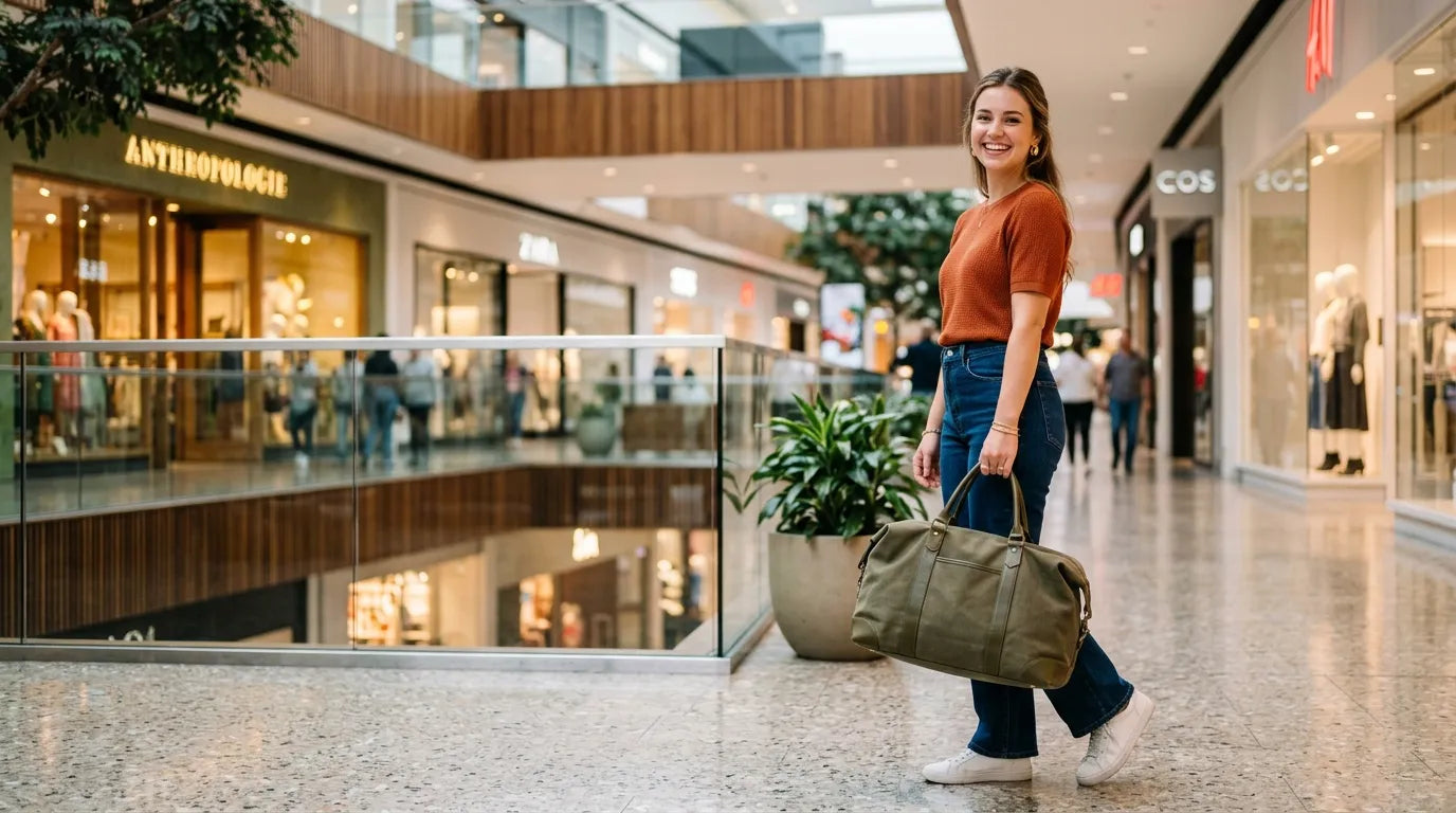 young woman holding a carryall bag in the shopping mall