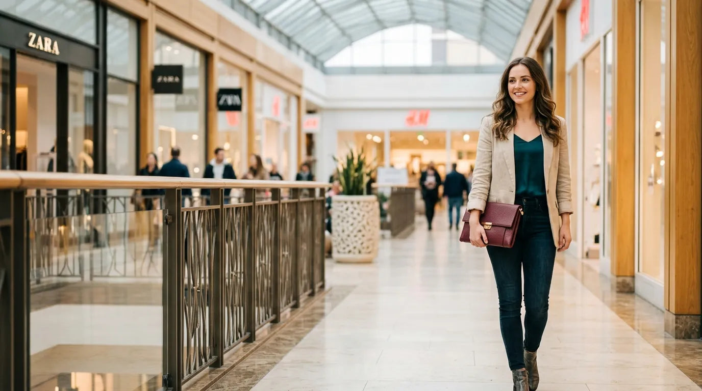 young woman holding a clutch bag in the shopping mall