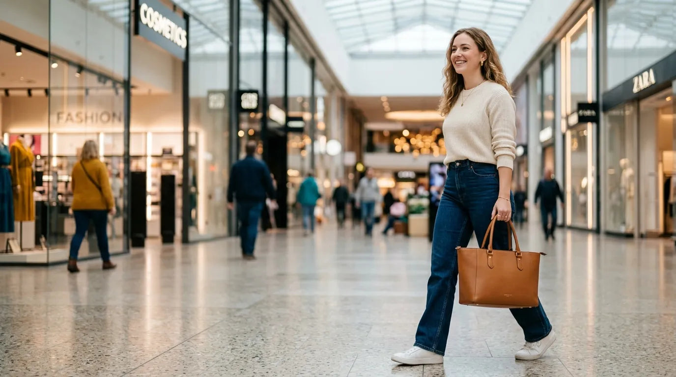 young woman holding a carryall bag in the shopping mall