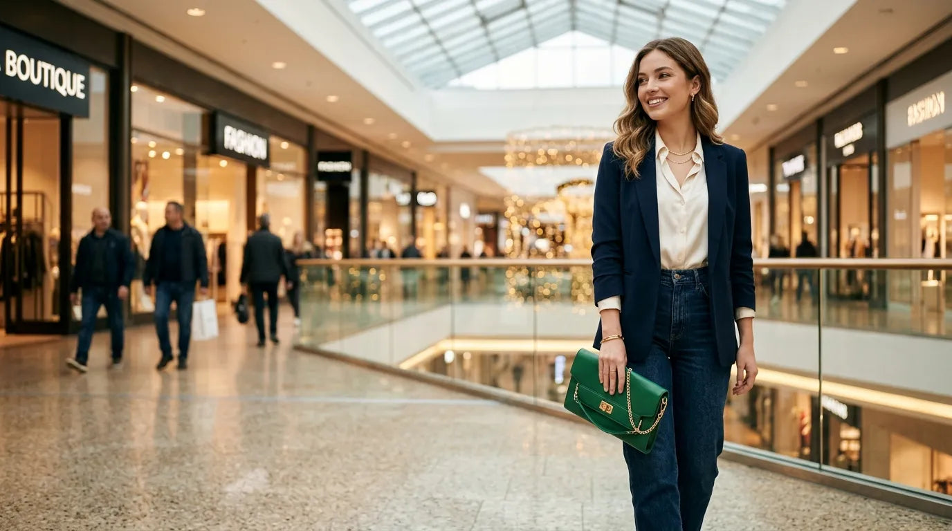 girl holding a clutch bag in the shopping mall