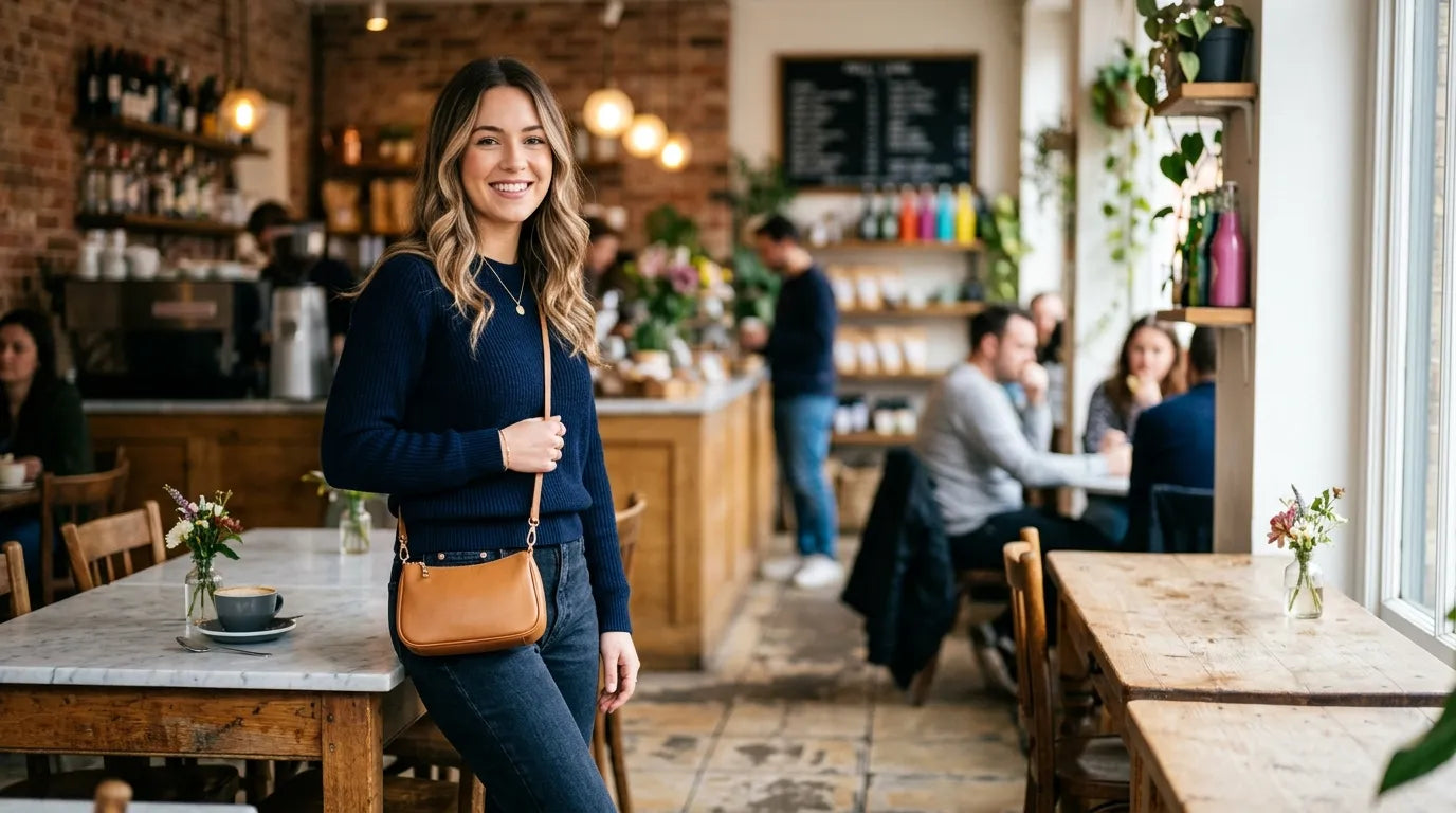 young woman holding a petite bag in the caffe bar