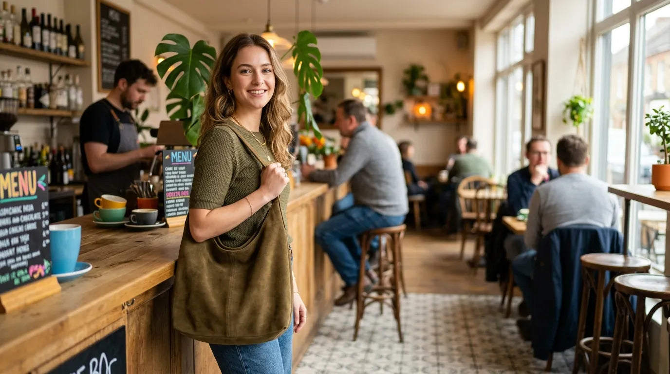 girl holding a hobo bag in the caffe bar