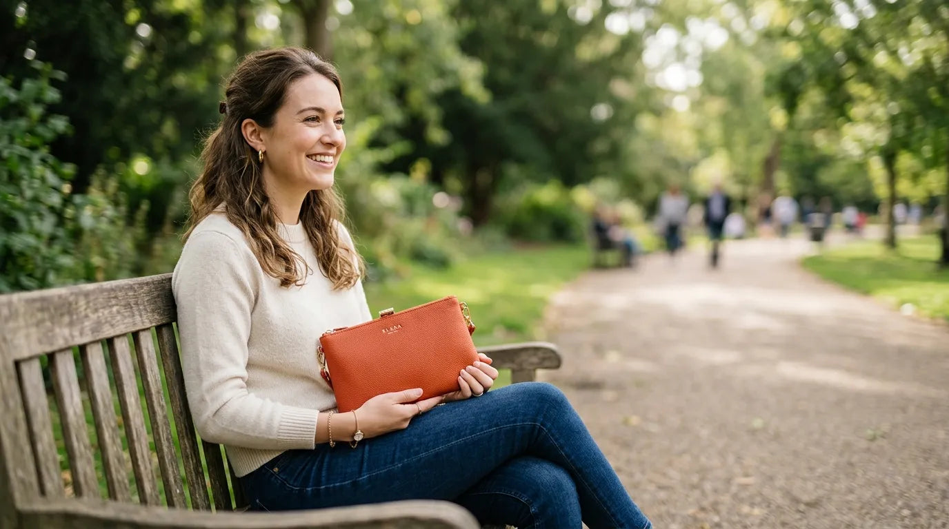 girl holding a clutch bag in the park