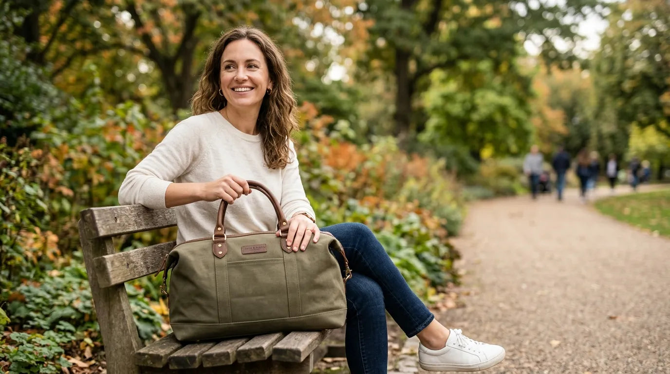 woman holding a carryall bag in the park