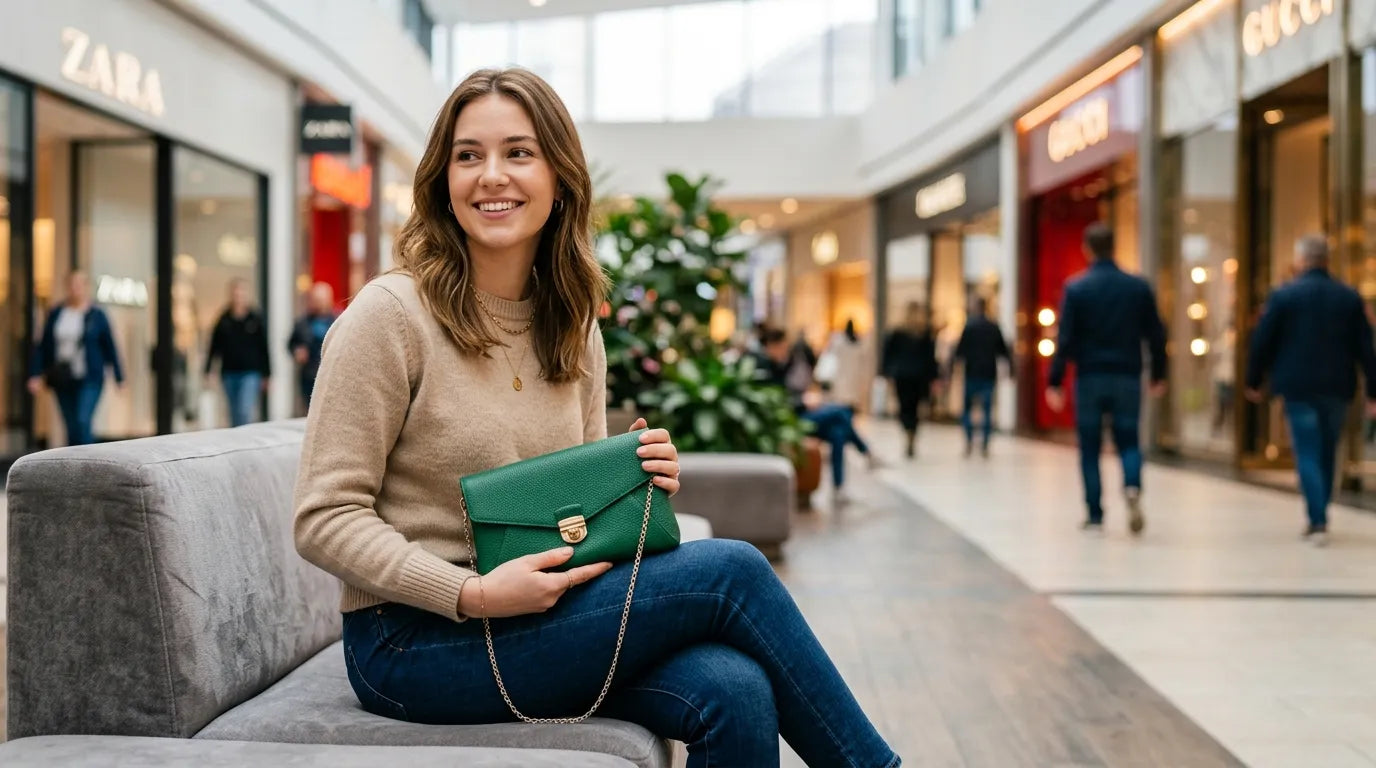 girl holding a clutch bag in the shopping mall