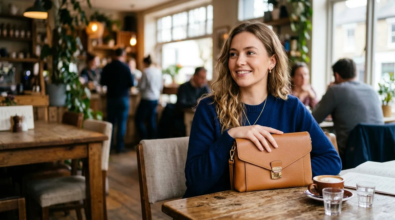 young woman holding a clutch bag in the caffe bar