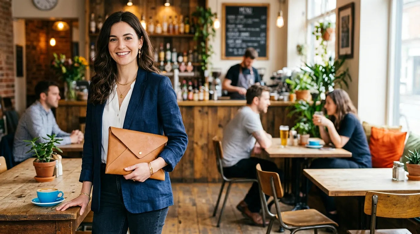 woman holding a clutch bag in the caffe bar