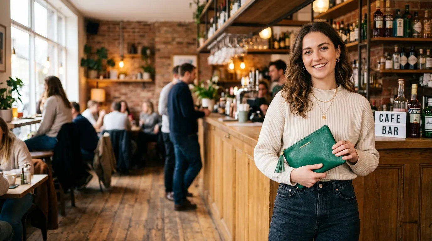 young woman holding a clutch bag in the caffe bar