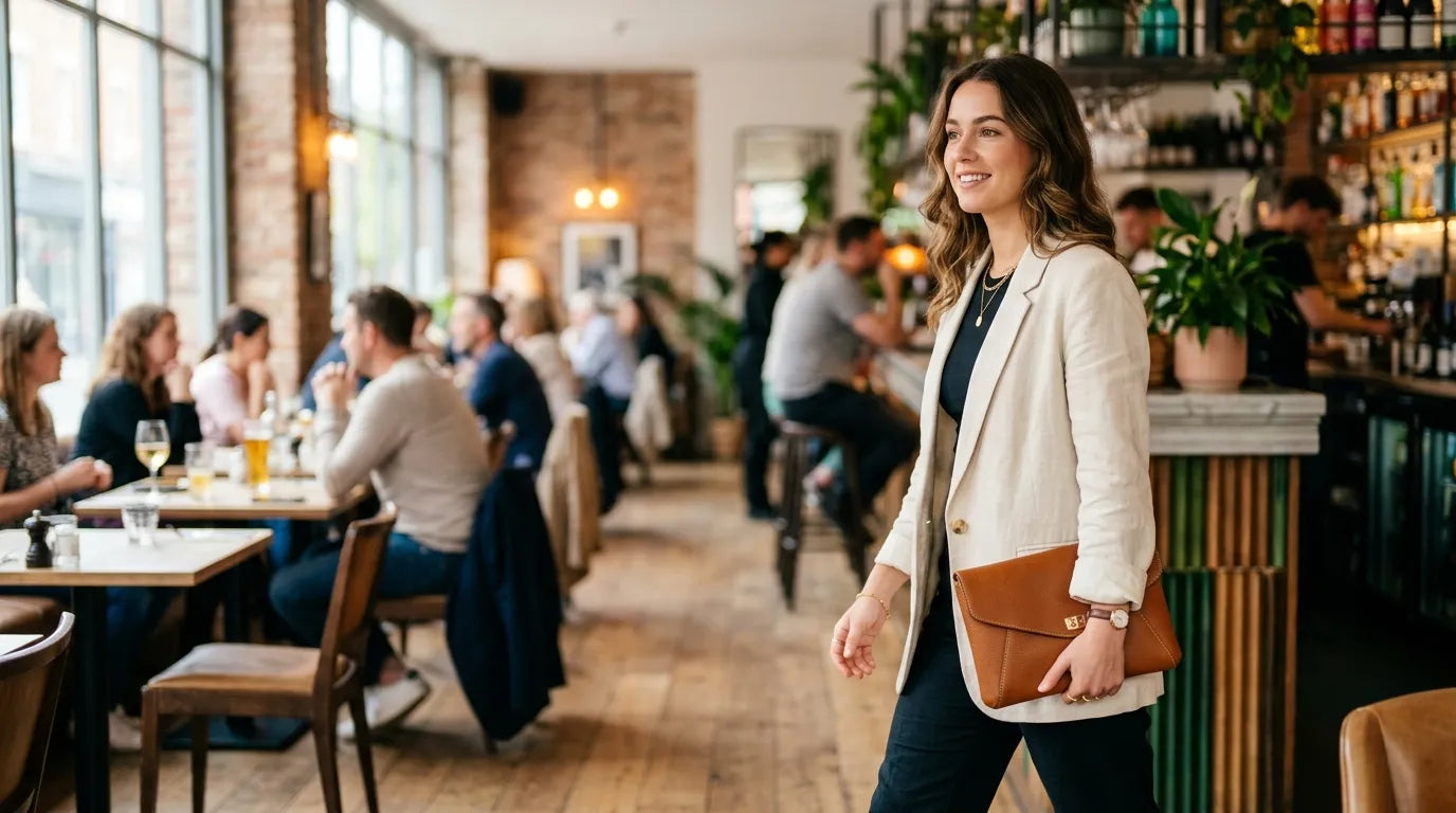 young woman holding a clutch bag in the caffe bar