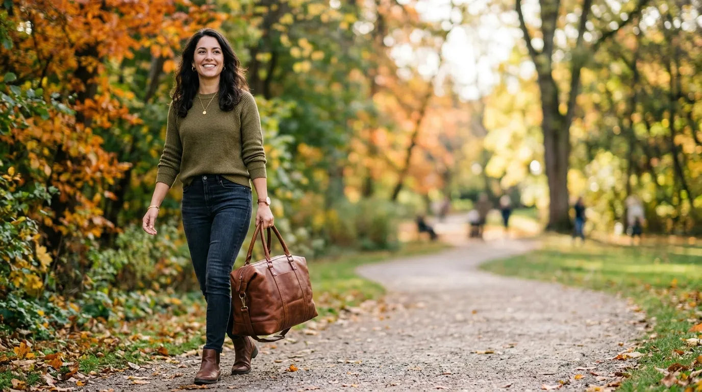 woman holding a carryall bag in the park