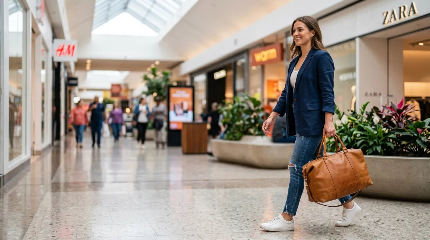 woman holding a carryall bag in the shopping mall