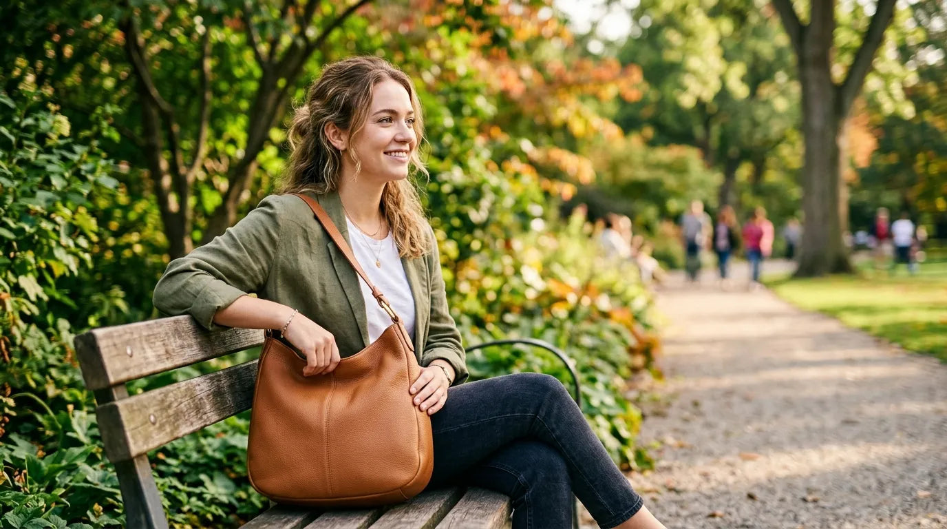 girl holding a hobo bag in the park