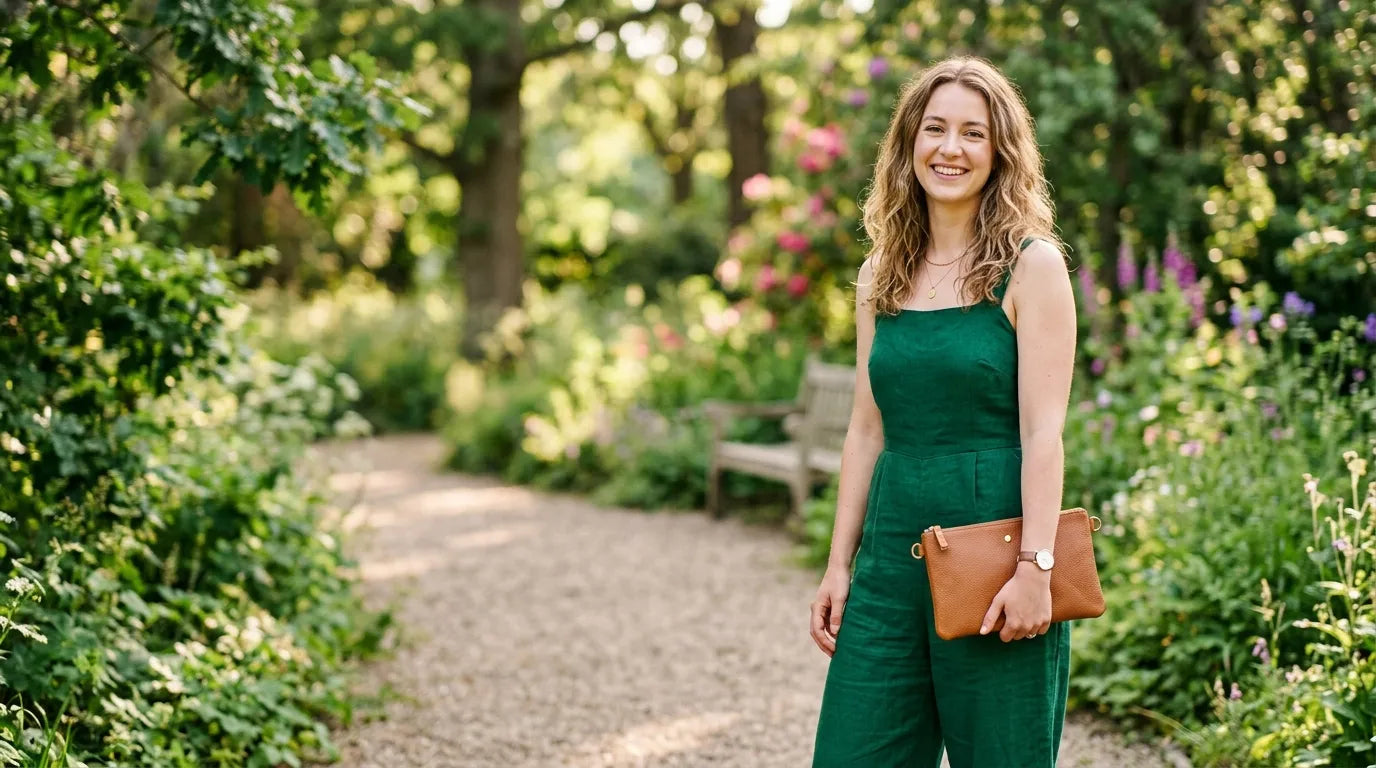 girl holding a clutch bag in the park