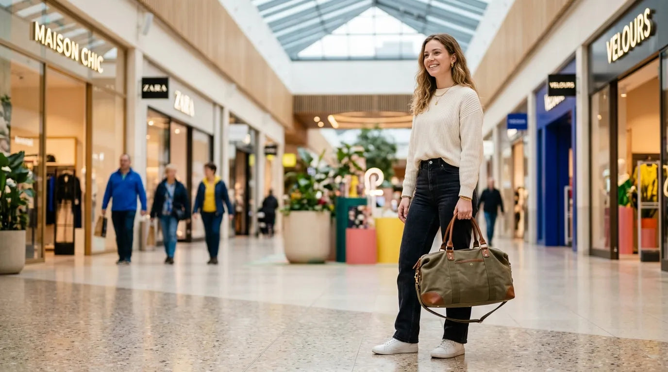 girl holding a carryall bag in the shopping mall