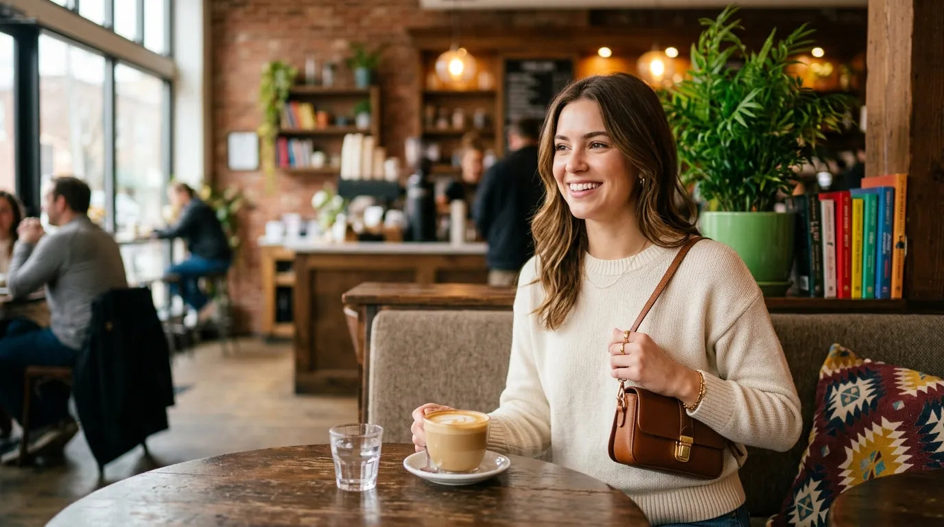 girl holding a petite bag in the caffe bar