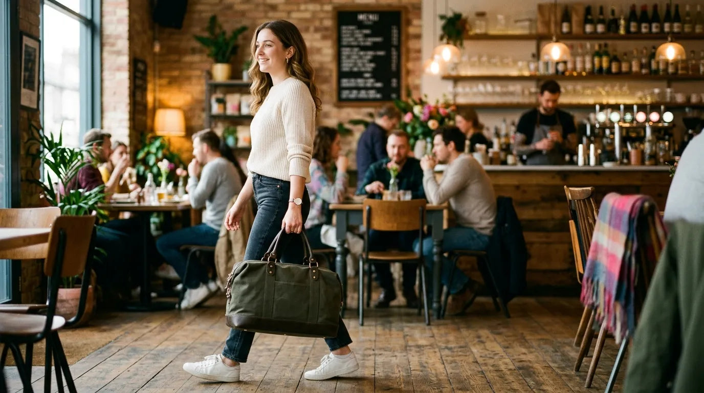 young woman holding a carryall bag in the caffe bar