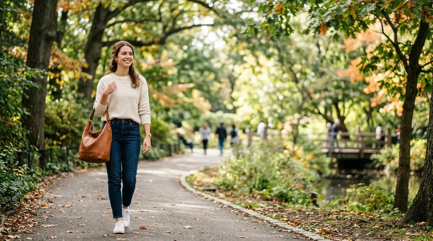 girl holding a hobo bag in the park