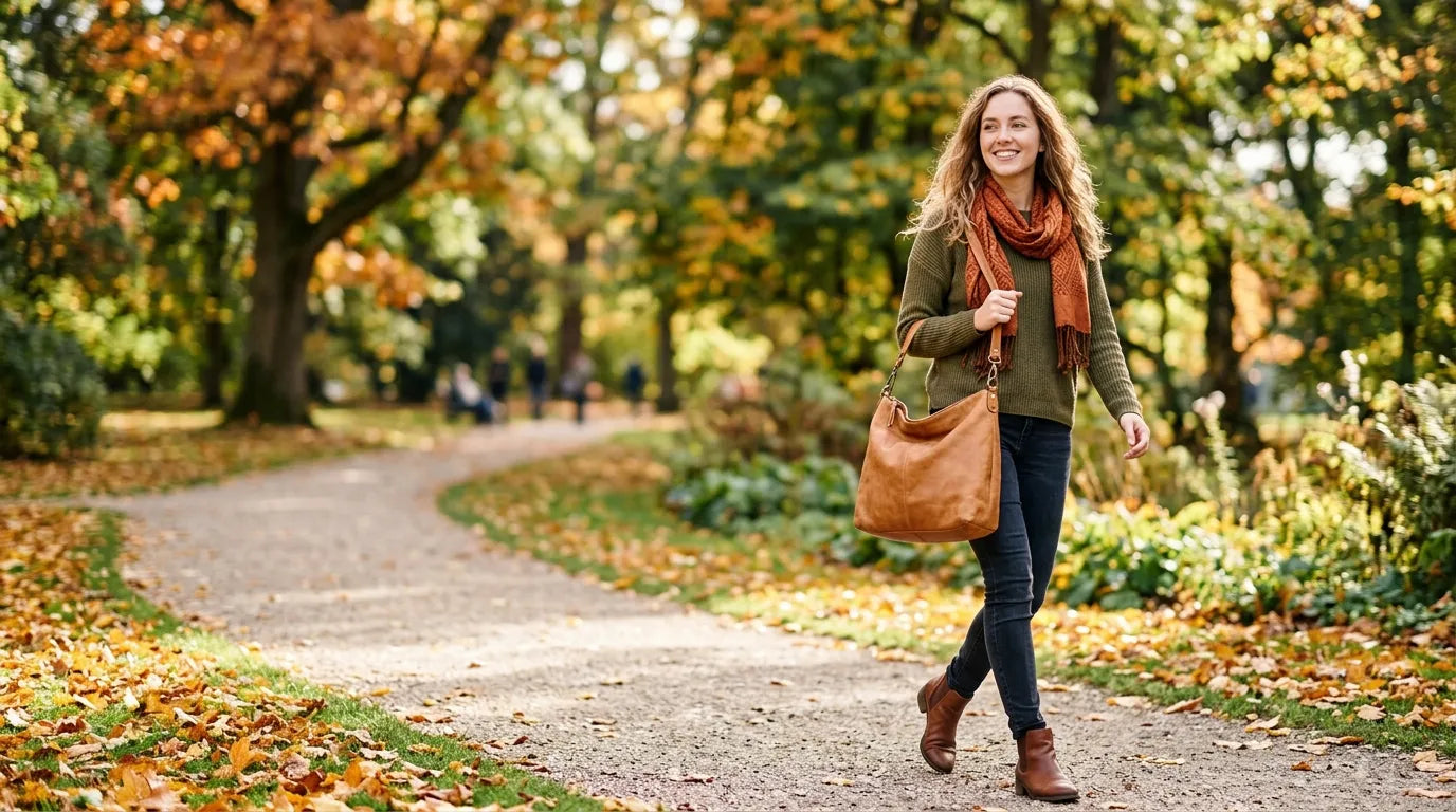 woman holding a hobo bag in the park