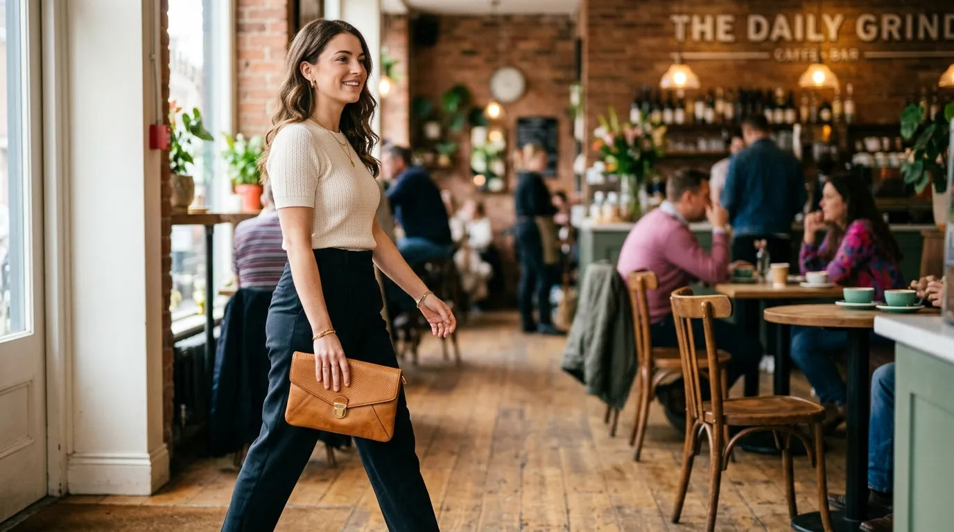 girl holding a clutch bag in the caffe bar