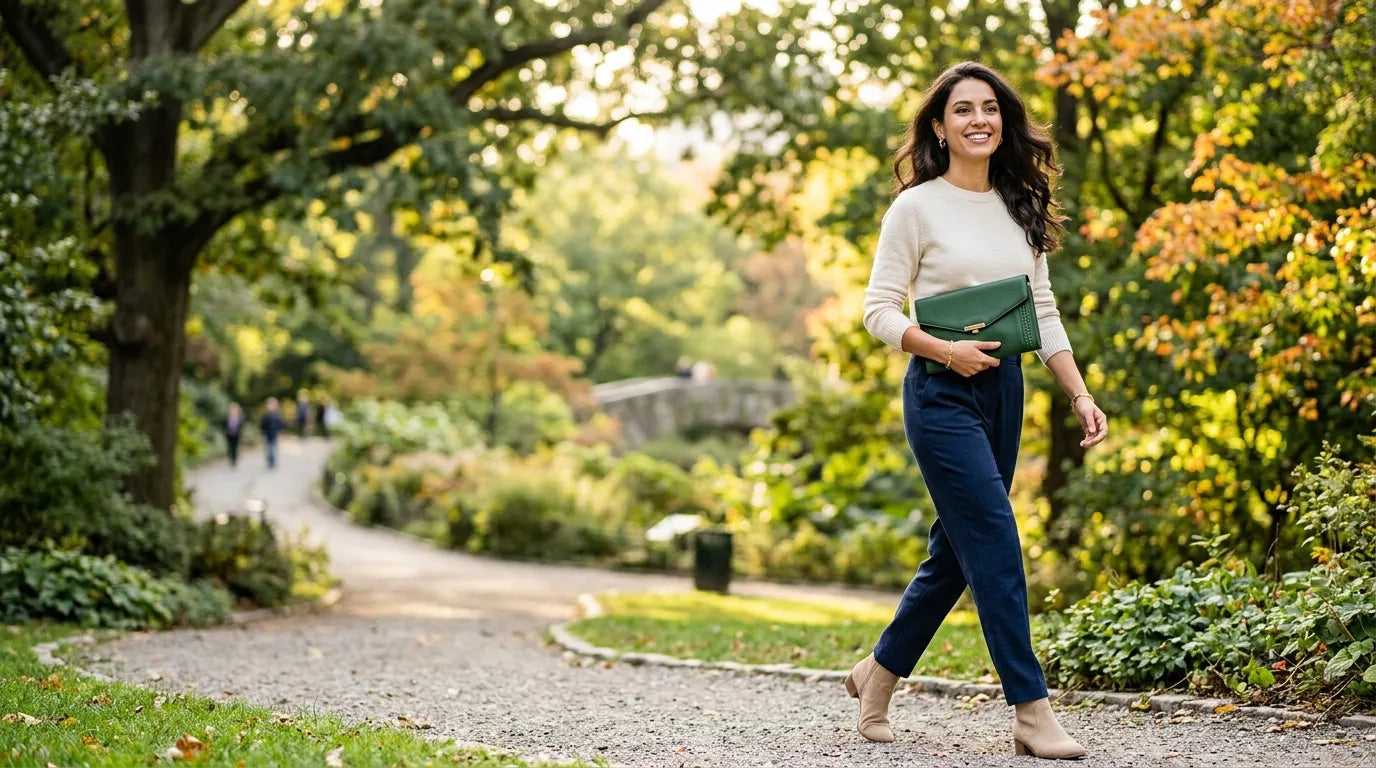 young woman holding a clutch bag in the park