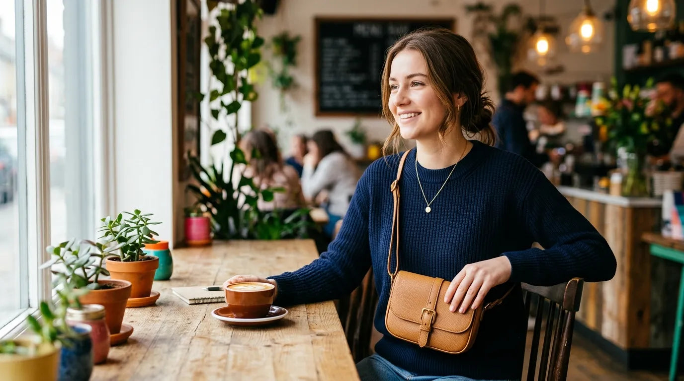 young woman holding a petite bag in the caffe bar