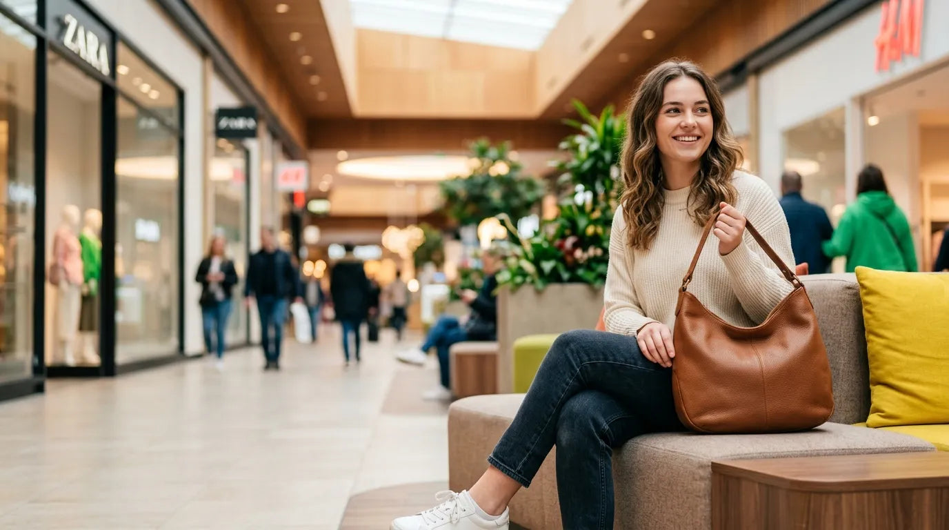 girl holding a hobo bag in the shopping mall