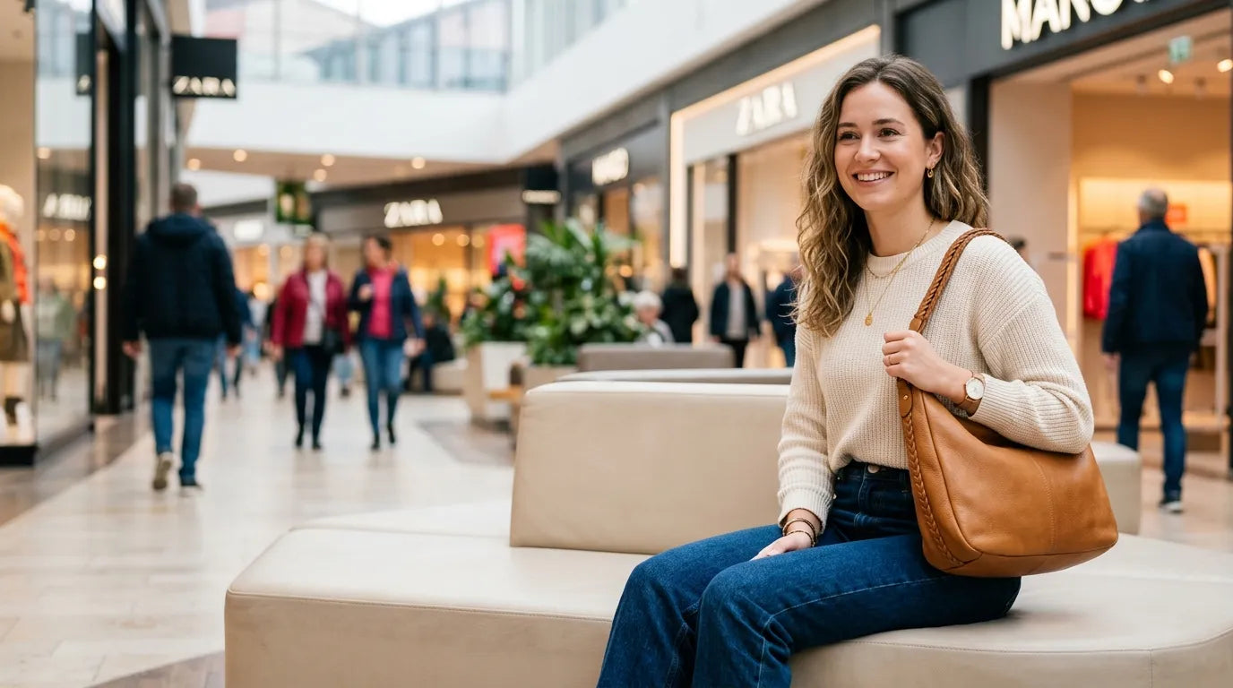 young woman holding a hobo bag in the shopping mall