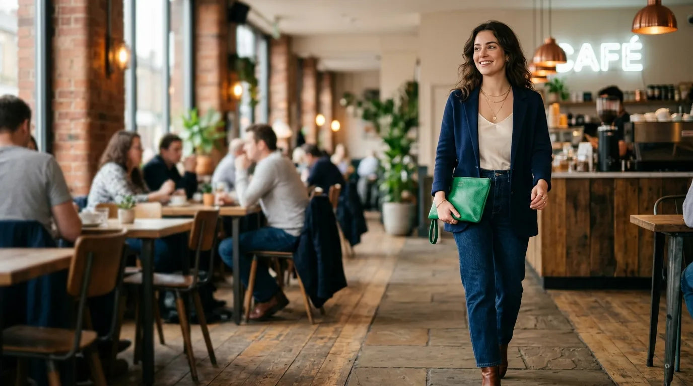 woman holding a clutch bag in the caffe bar