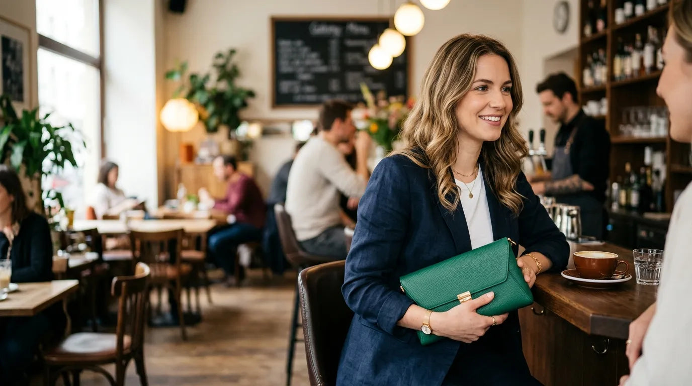 woman holding a clutch bag in the caffe bar