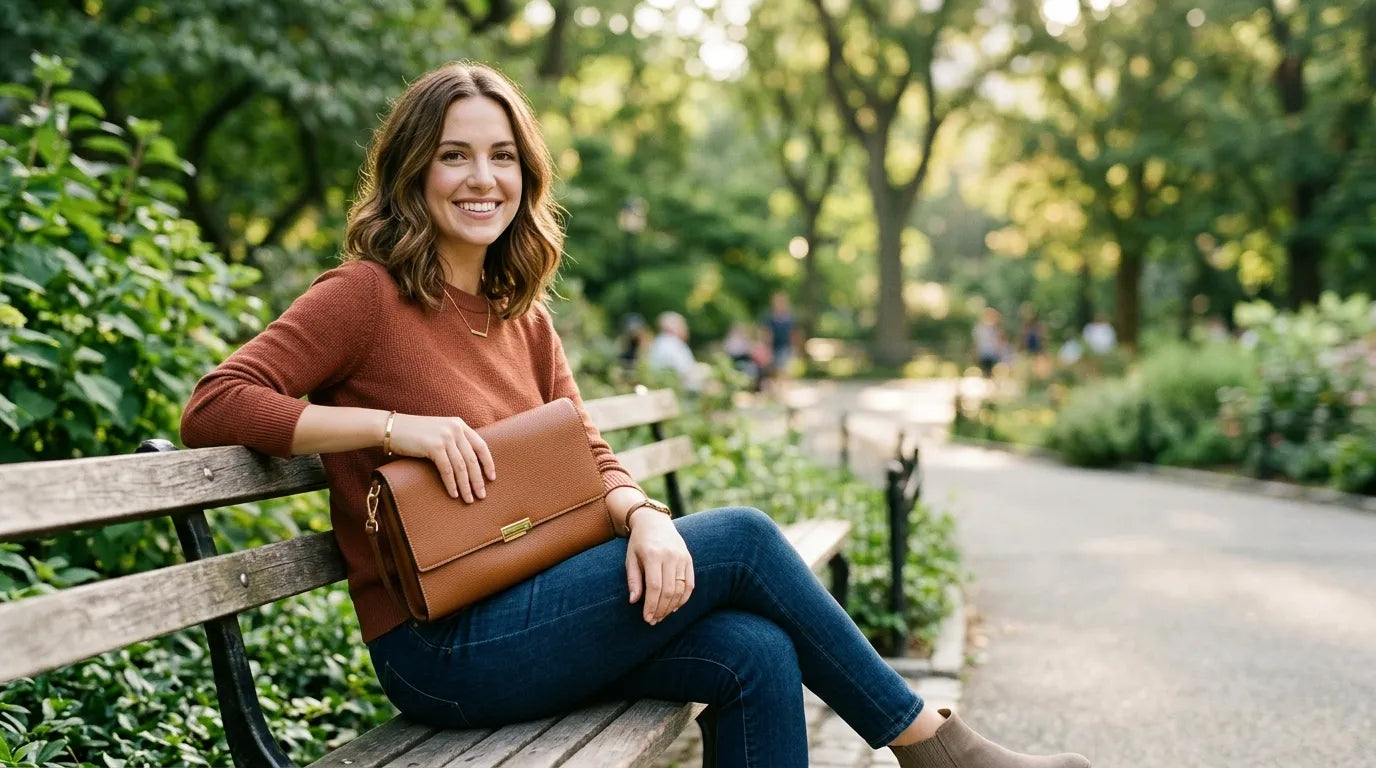 woman holding a clutch bag in the park
