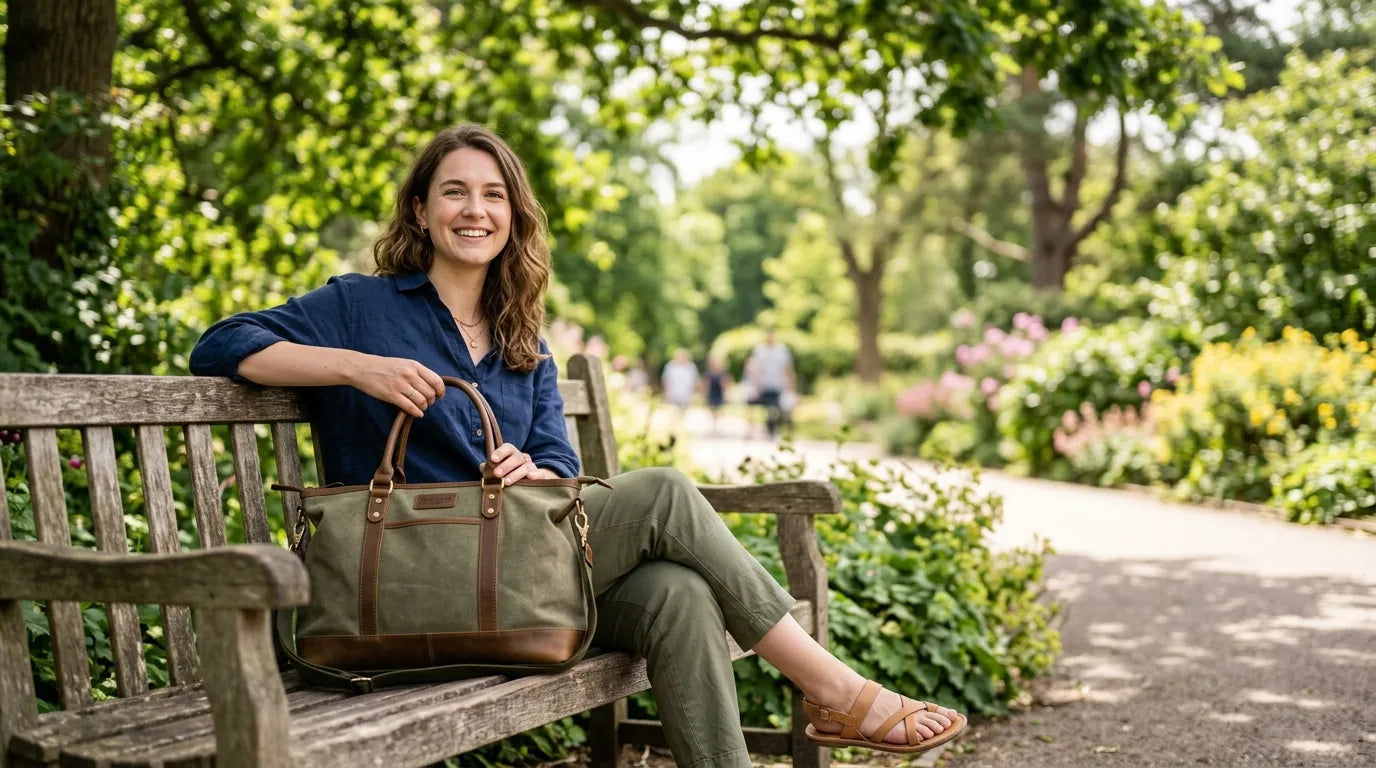 young woman holding a carryall bag in the park