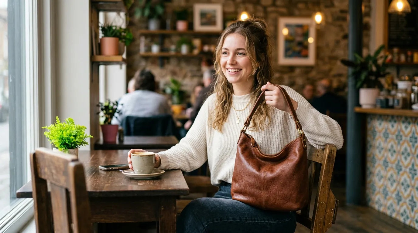 girl holding a hobo bag in the caffe bar