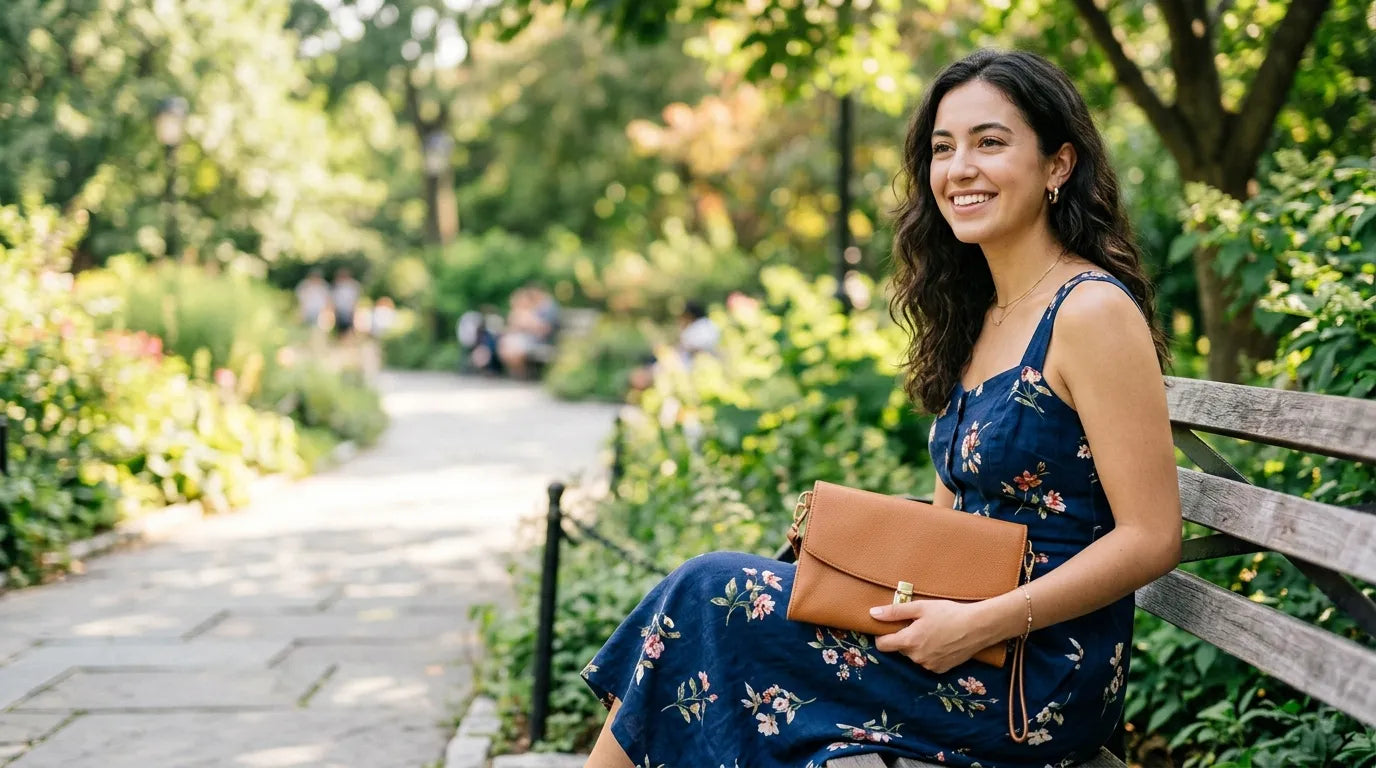 young woman holding a clutch bag in the park