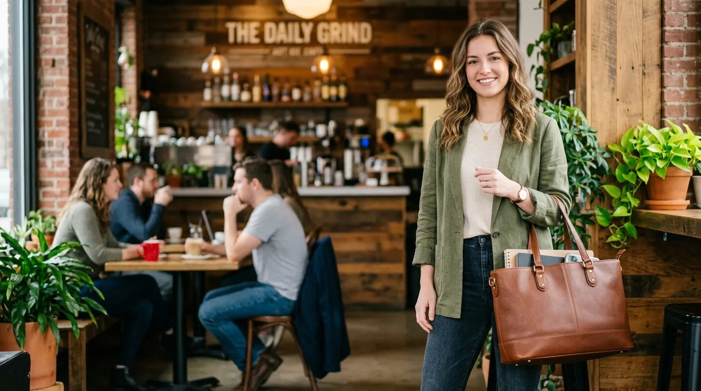 girl holding a carryall bag in the caffe bar
