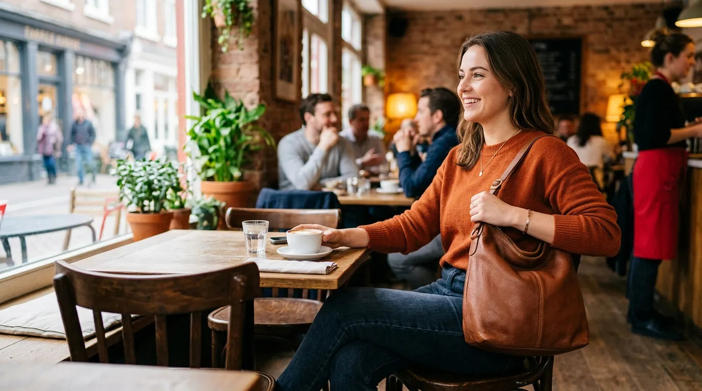 woman holding a hobo bag in the caffe bar