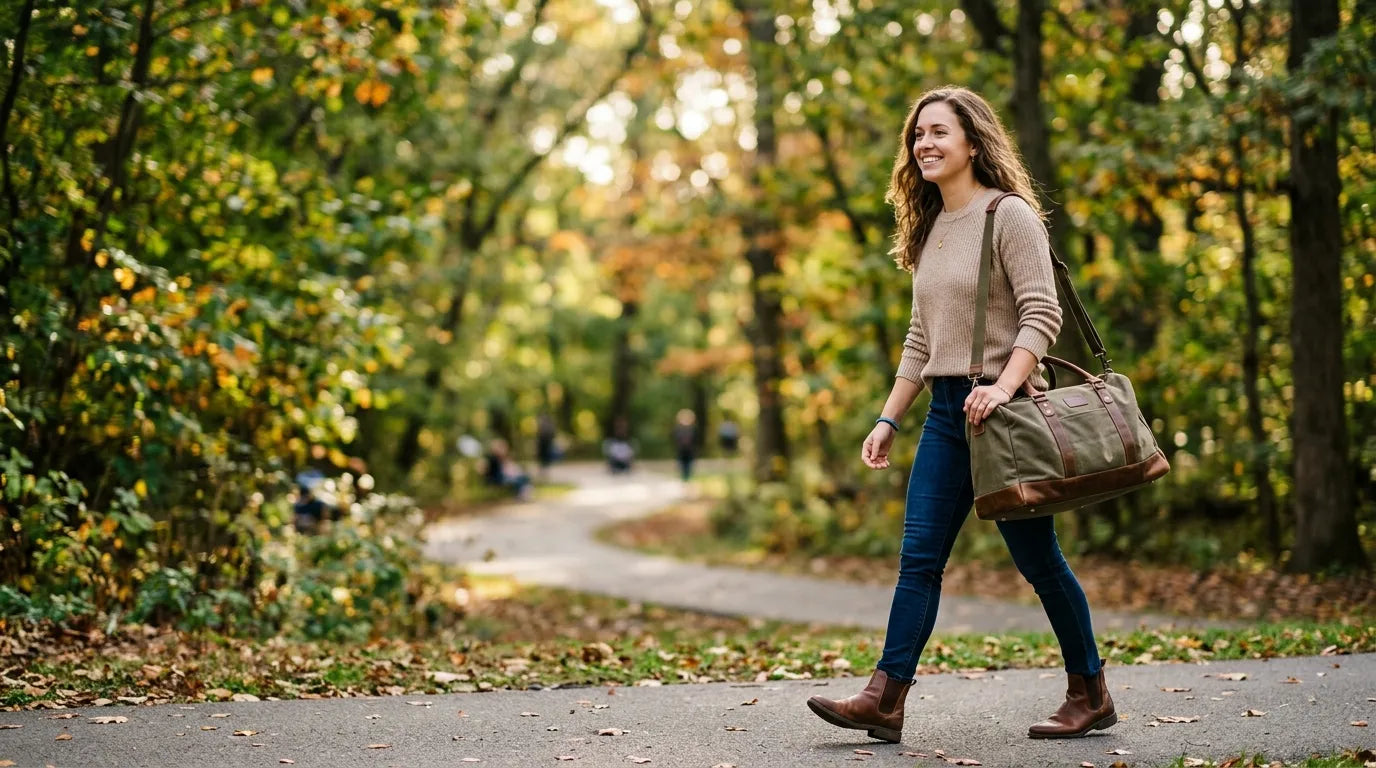 girl holding a carryall bag in the park