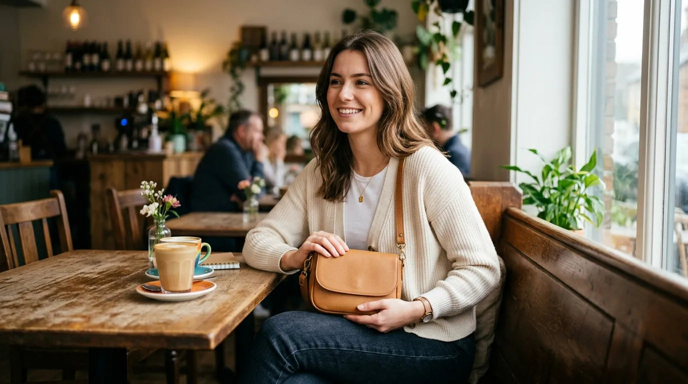 girl holding a petite bag in the caffe bar