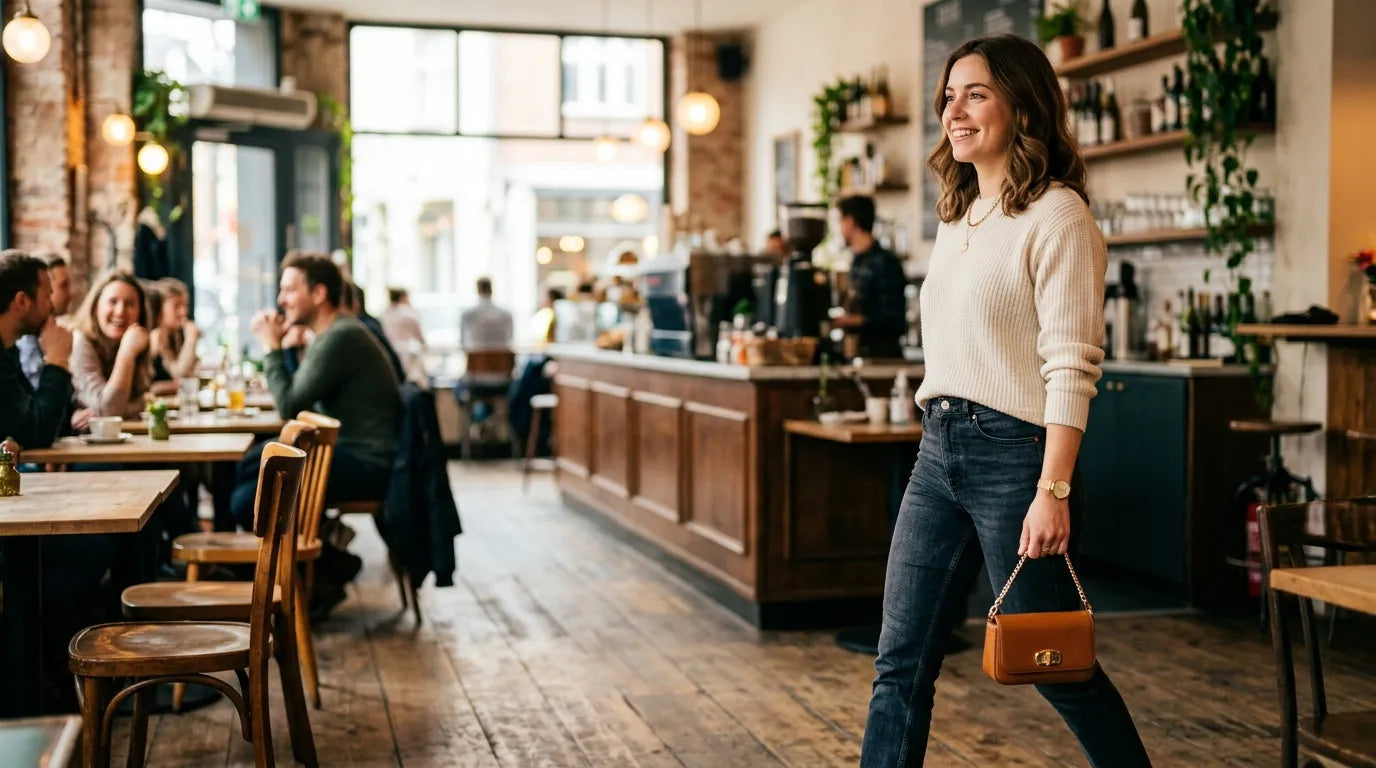 young woman holding a petite bag in the caffe bar