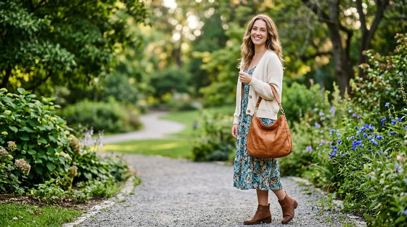 girl holding a hobo bag in the park