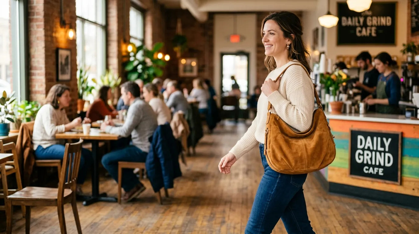 woman holding a hobo bag in the caffe bar