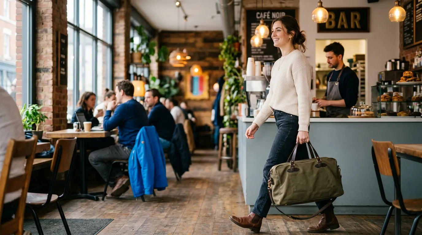 girl holding a carryall bag in the caffe bar