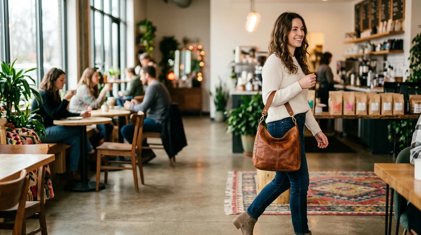 girl holding a hobo bag in the caffe bar