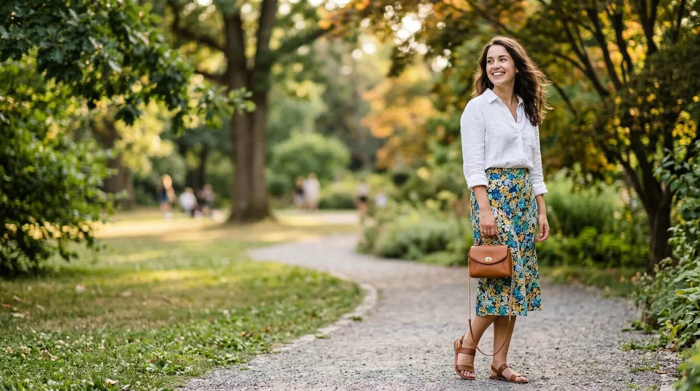 young woman holding a petite bag in the park