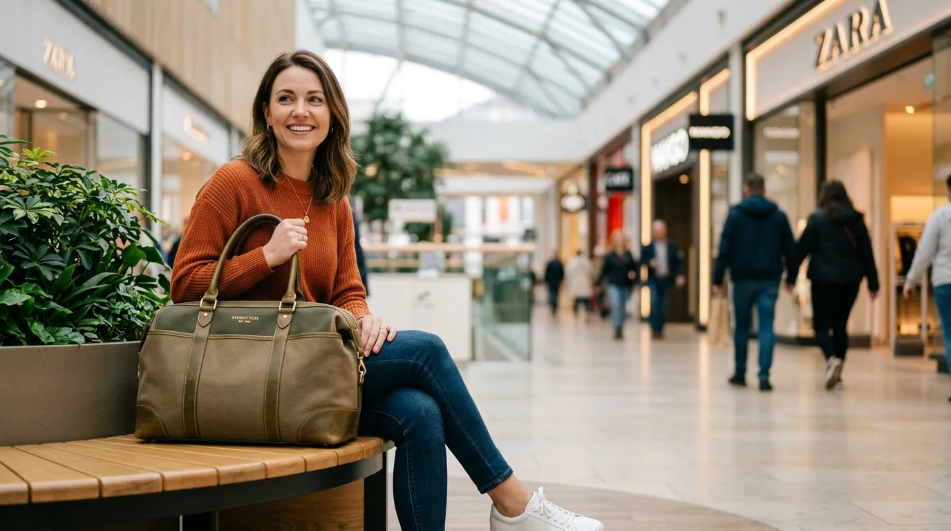 woman holding a carryall bag in the shopping mall