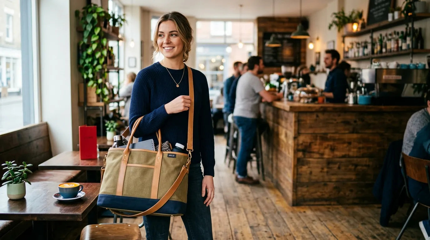 woman holding a carryall bag in the caffe bar